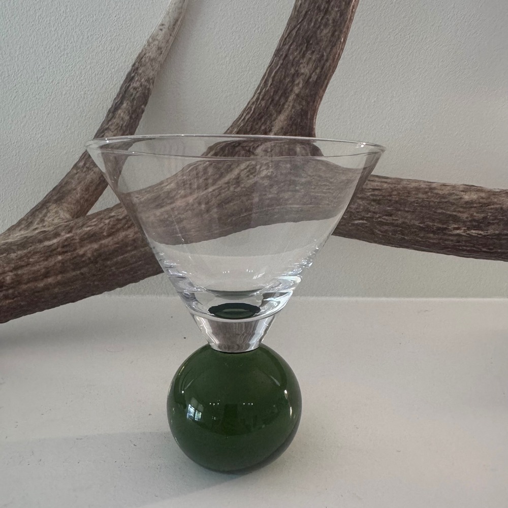 Modernist Green Ball Base Martini Glass Clear Conical Cocktail Stemware 5.25"